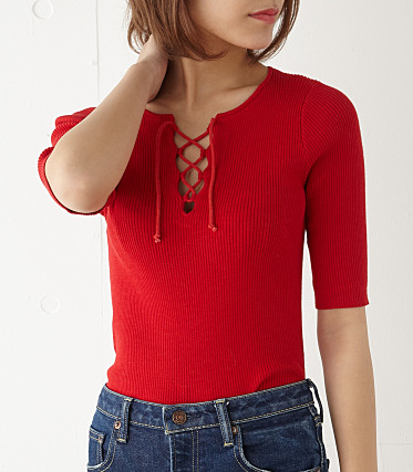 FRONT LACE UP RIB TOPS