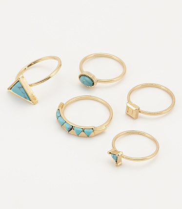 ターコイズ&ゴールド5リングSET