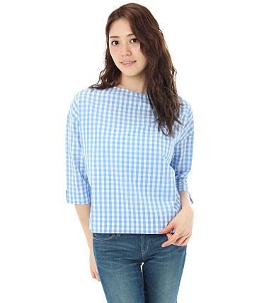 ギンガムチェックボートネック七分袖ブラウス