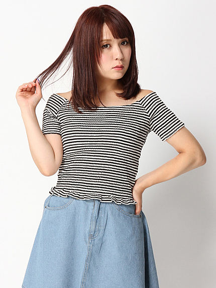 WEGO/ボーダーオフショルダーTシャツ