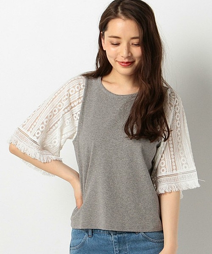 レースフリンジ袖Tシャツ（グレー）/AEBFC  レースフリンジSL T GRY