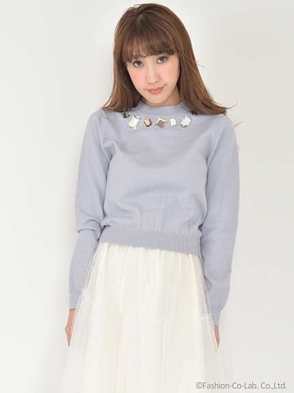 ビジューネックニットプルオーバー