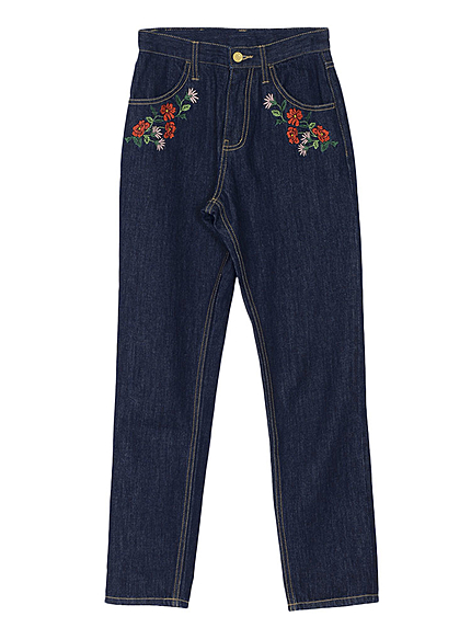 フラワー刺繍ストレートデニムPT