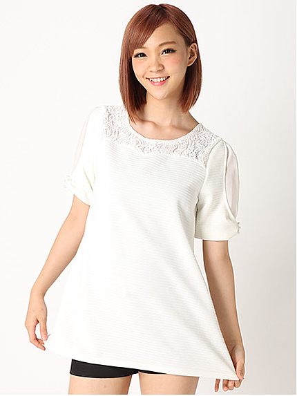 15.SS リボン袖レース切替フレアチュニック