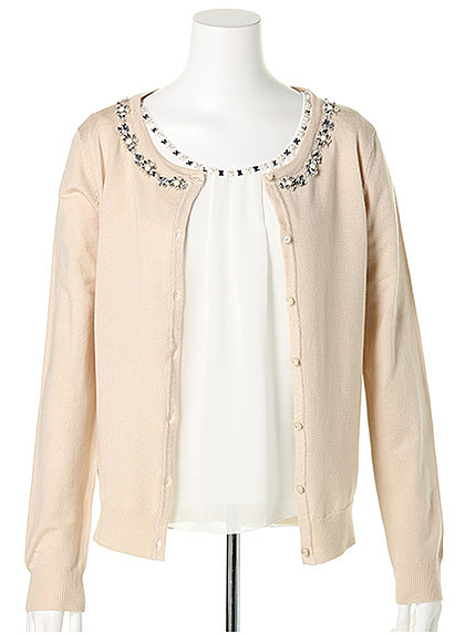 ビジュー付きシフォンブラウス＋ニットカーデアンサンブル