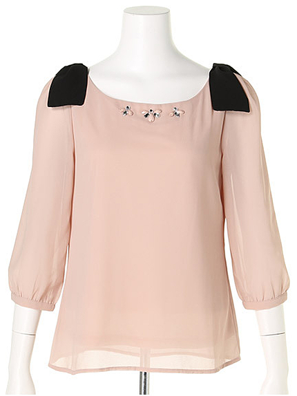 肩リボンビジュー付きブラウス