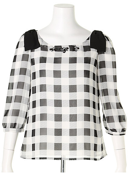 肩リボンビジュー付きブラウス