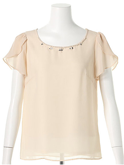 チューリップ袖ビジューシフォンブラウス