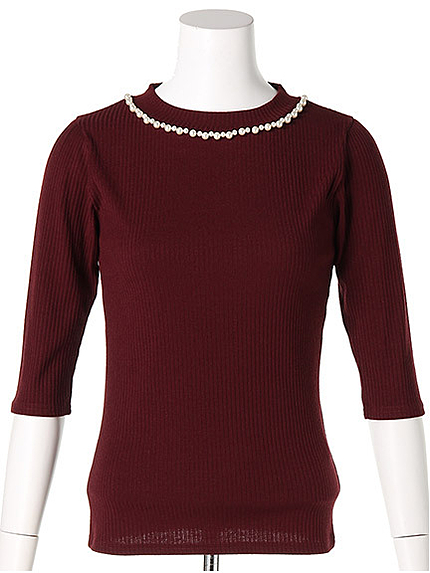 ビジュー付きハイネックリブトップス