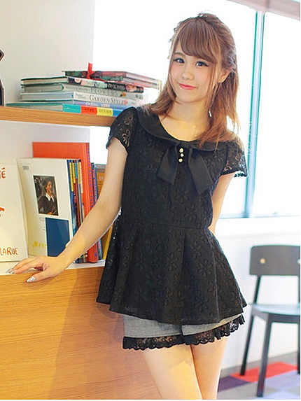 リボン型丸衿ペプラムチュニック