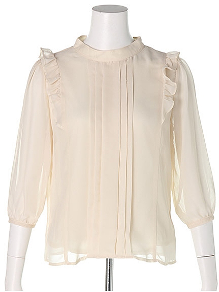 ハイネック肩フリルシースルーブラウス