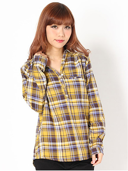 ギャザー切替チェック柄シャツ