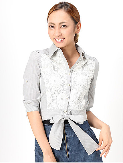 レース切替裾リボンショートシャツ