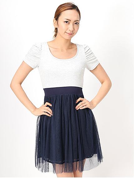 15.SS チュール×レースバイカラーパワショルワンピ