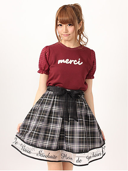 14.AW　裾オーガンジー切り替え刺繍チェックミディー丈スカート