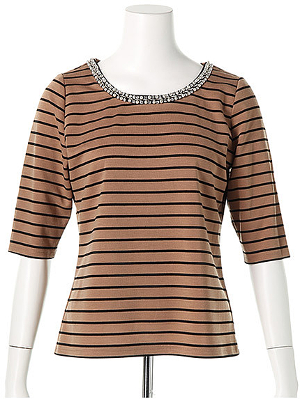 ビジューボーダーカットソー