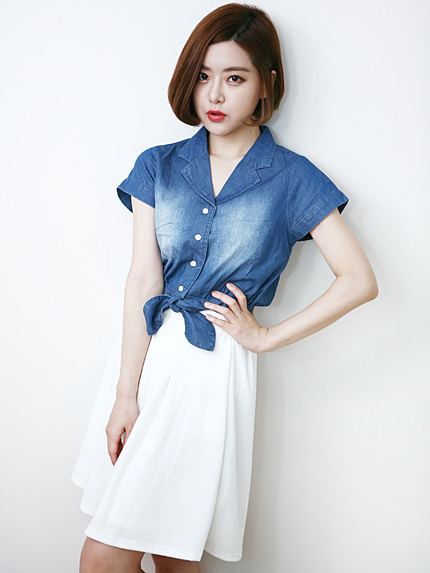 i-SOOK半袖前縛りデニムシャツ