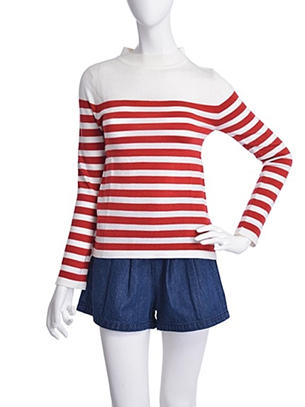 Littny【CL】マリンボーダーハイネックトップス