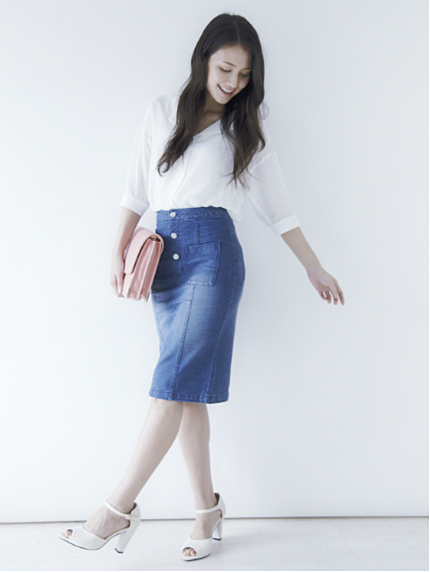 prix de fleur【PINK】ストレッチデニムタイトスカート