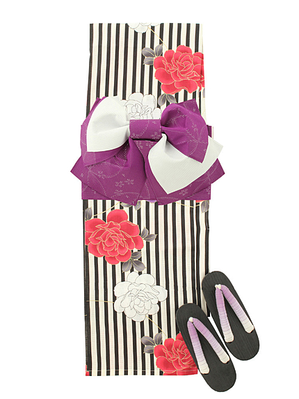 RUNWAY channel【浴衣コレクション】3点セット ストライプにバラ シロ×クロ