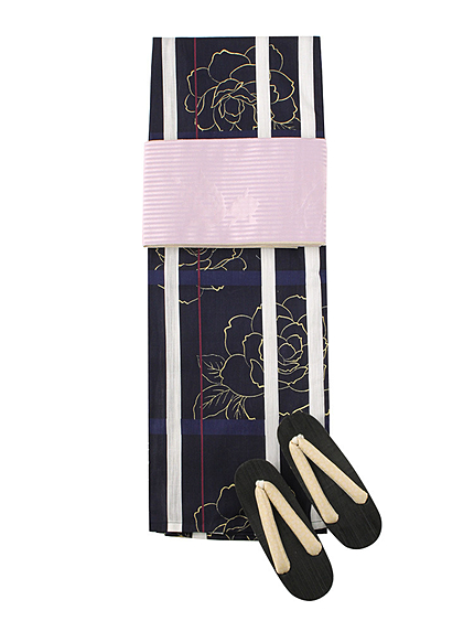 RUNWAY channel【浴衣コレクション】3点セット 格子に牡丹 コン