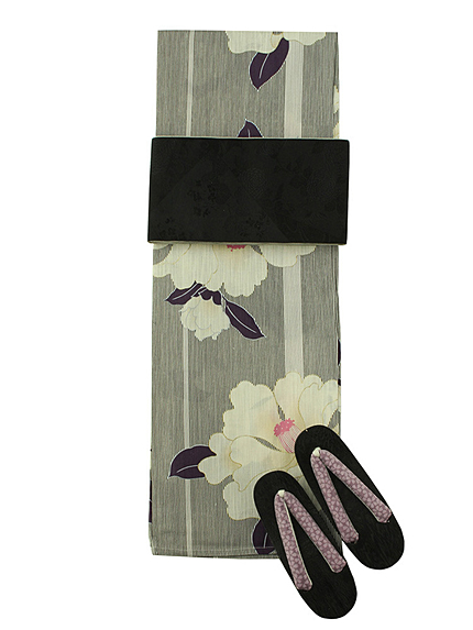 RUNWAY channel【浴衣コレクション】3点セット ピンストライプに牡丹 シロ×クロ