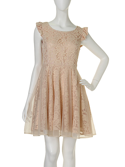 【W】袖フリル総レースワンピース