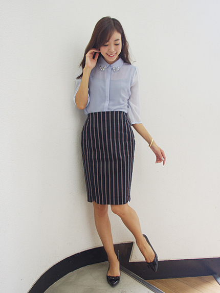 【W】ストライプチューリップタイトスカート
