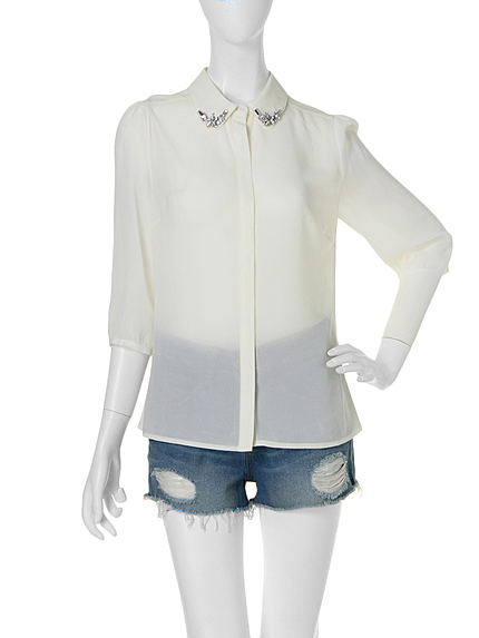 【W】襟ビジュー袖シースルーブラウス