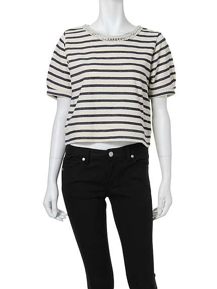 【LUX】 ビジュ付半袖ボーダートップス