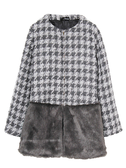 ノーカラーチェックコート