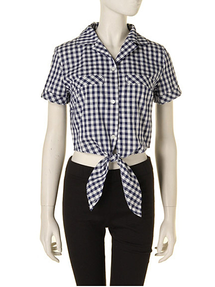 i-SOOKギンガムロゴ短丈前しばりシャツ