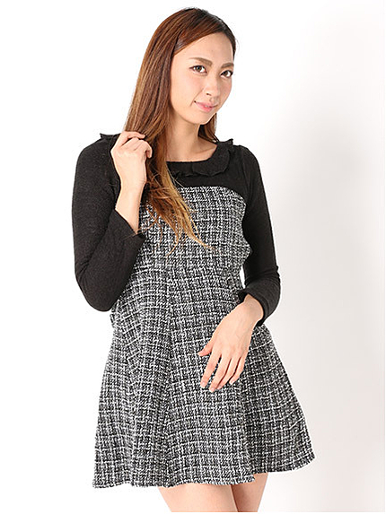 フリルリボンツイードコンビワンピース