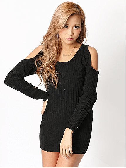 肩あきリブワンピース