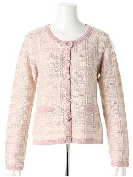 透かしチェックラメニットカーデ