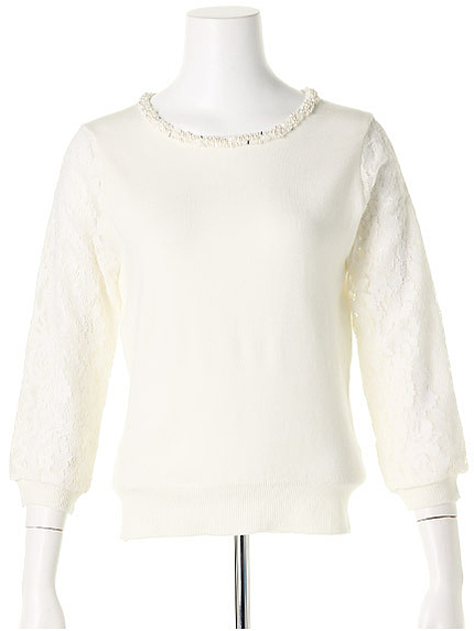 シフォンレース袖ビジューニット