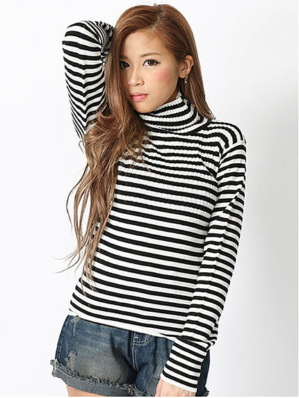 ボーダーハイネックニットソー
