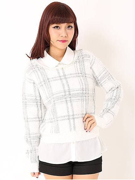 衿付きビジューシャギーチェックニット