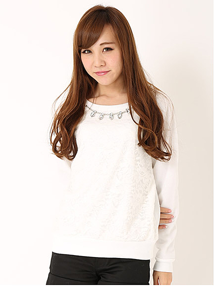 ビジュー付きレース切替トレーナー