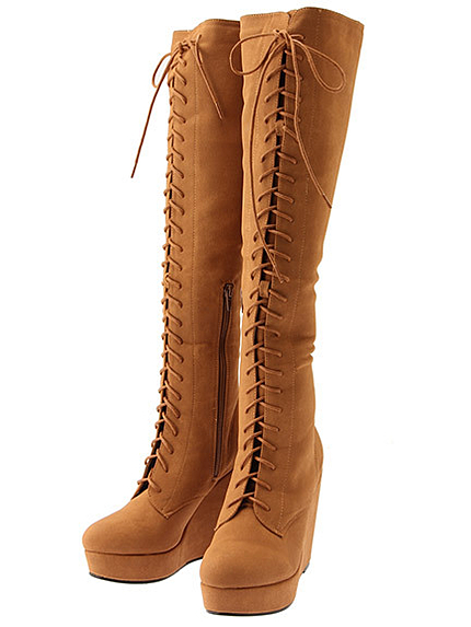 レースアップウェッジニーハイブーツ