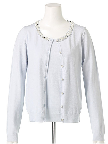 ビジューネックカーデ付き半袖ニットアンサンブル