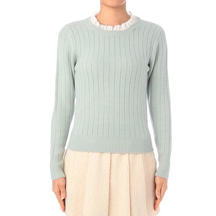 フリル付きネックストライプ編み柄ニット