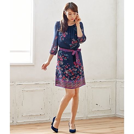 8分袖フラワーシフォンワンピース