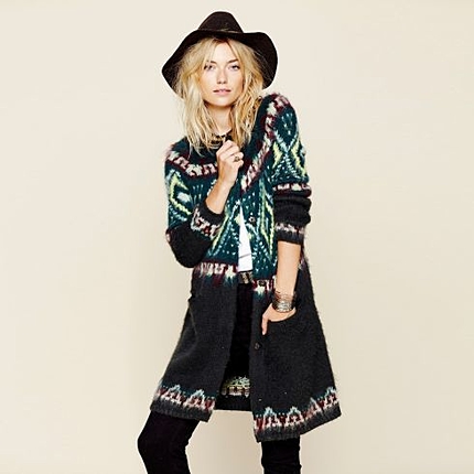 ウール混柄切り替えロングニットカーディガン