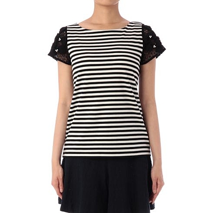 リボン付きレーススリーブボーダーカットソー