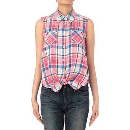 裾結びノースリチェック柄シャツ