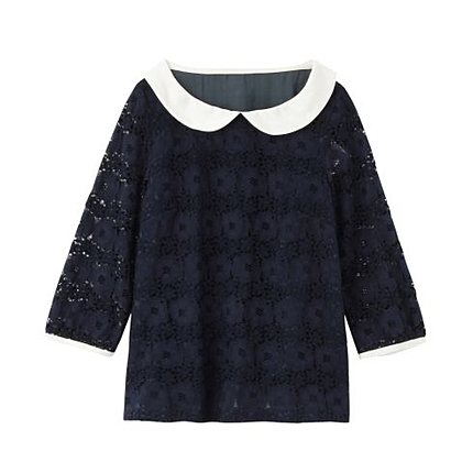 ラウンド襟フラワーレース七分袖ブラウス