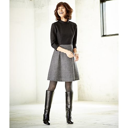 [L]７分袖スタンドカラー千鳥柄ワンピース