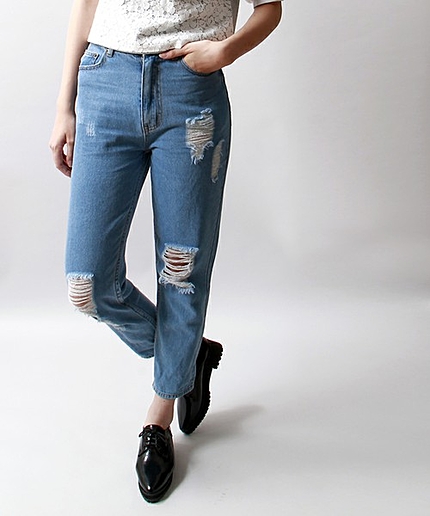 WEGO/ハイウエストクラッシュデニムパンツ