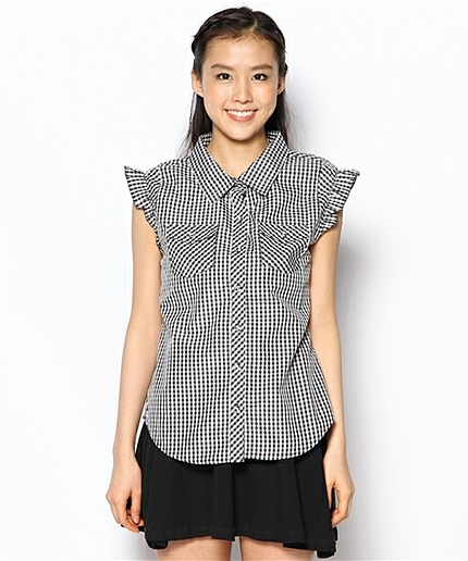 WEGO/ギンガムチェック肩フリルブラウス